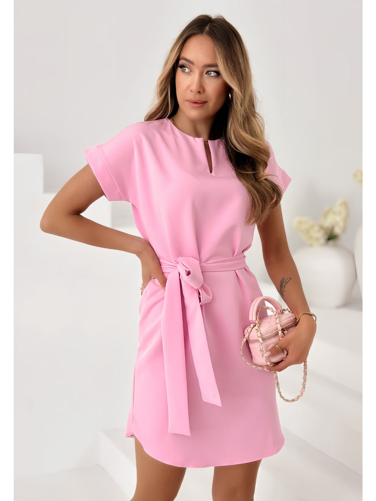 Waist-Cinching Tie-Belt Short Sleeve Midi Length Temperament Tea Dress