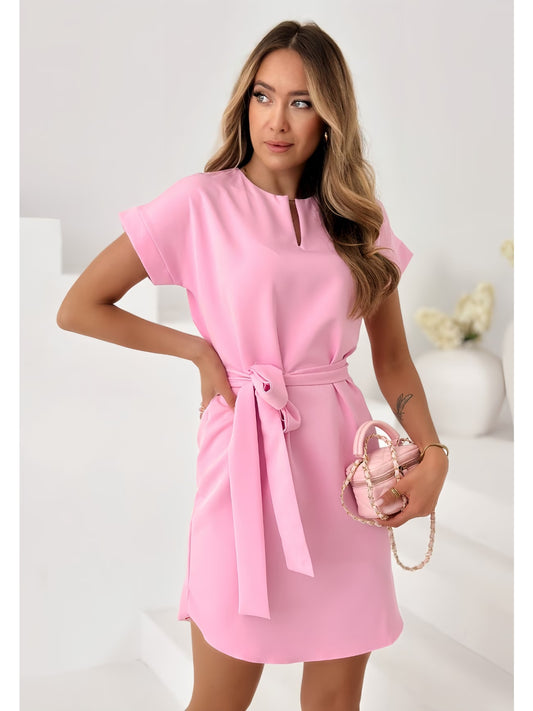 Waist-Cinching Tie-Belt Short Sleeve Midi Length Temperament Tea Dress