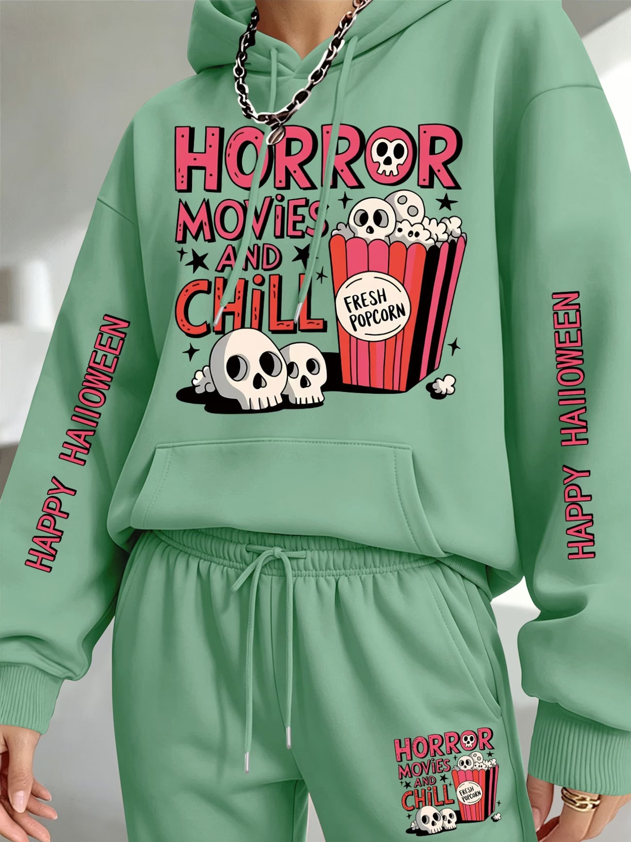 Halloween Skull & Popcorn Hooded Sweatshirt & Joggers Set