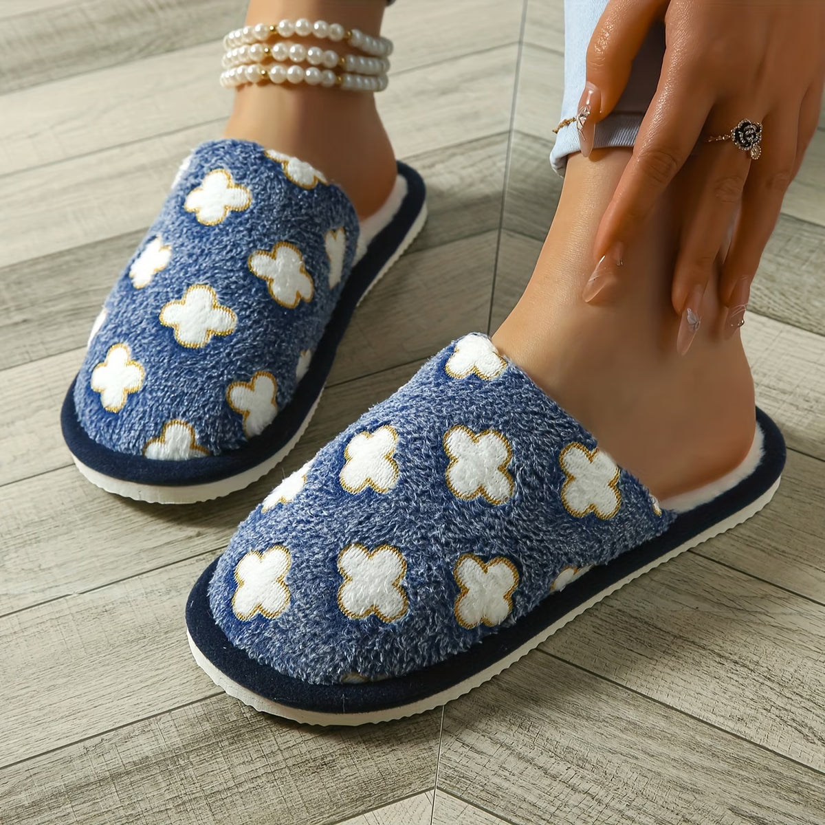 Women’s Gold-Trim Plush Jacquard Slippers