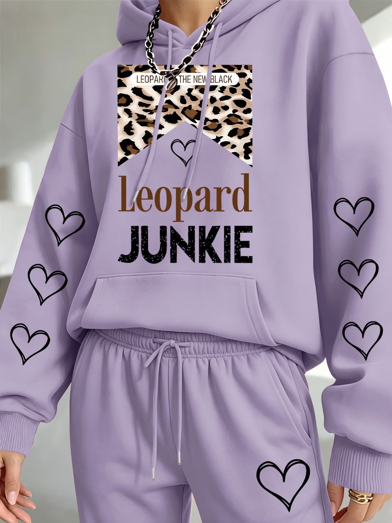 Leopard Junkie Heart Print Hooded Sweatshirt & Joggers Set