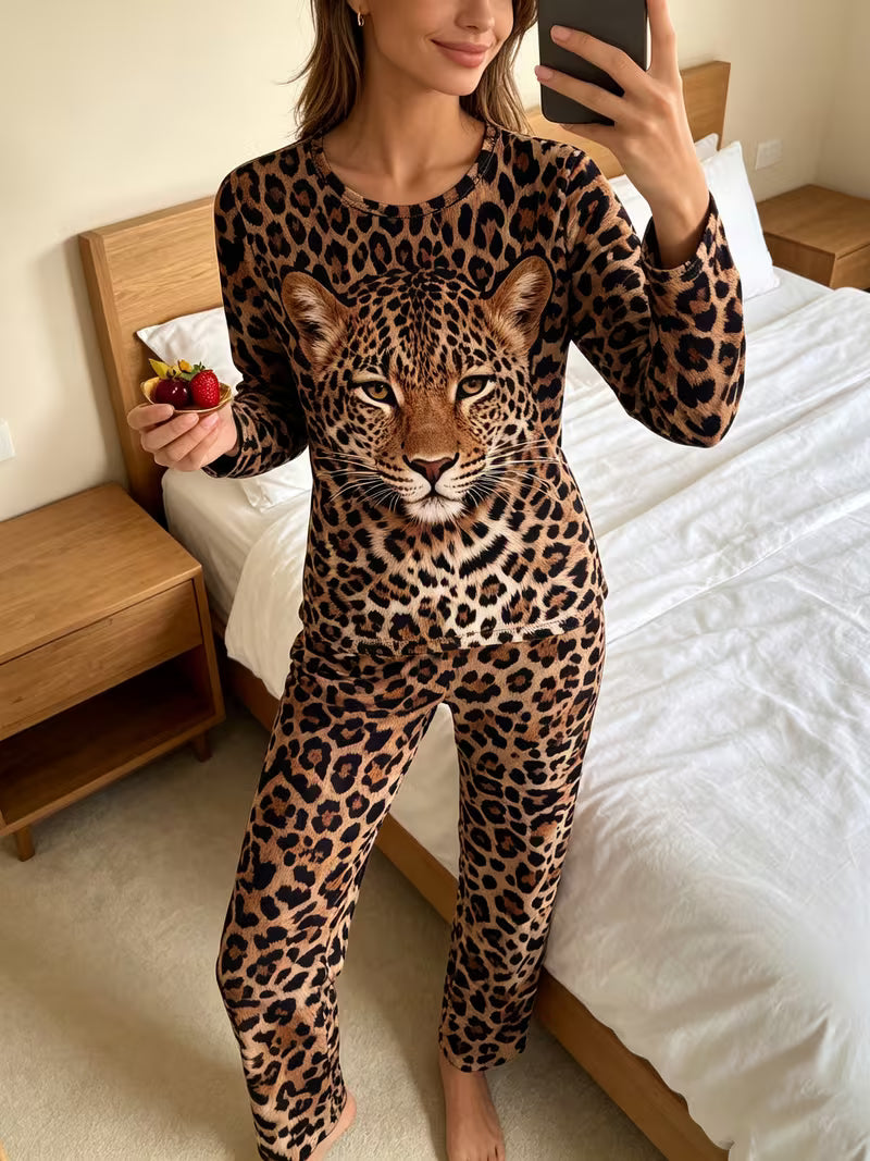 Women's Leopard Print Pajama Set – Crew Neck Long Sleeve Top & Long Pants