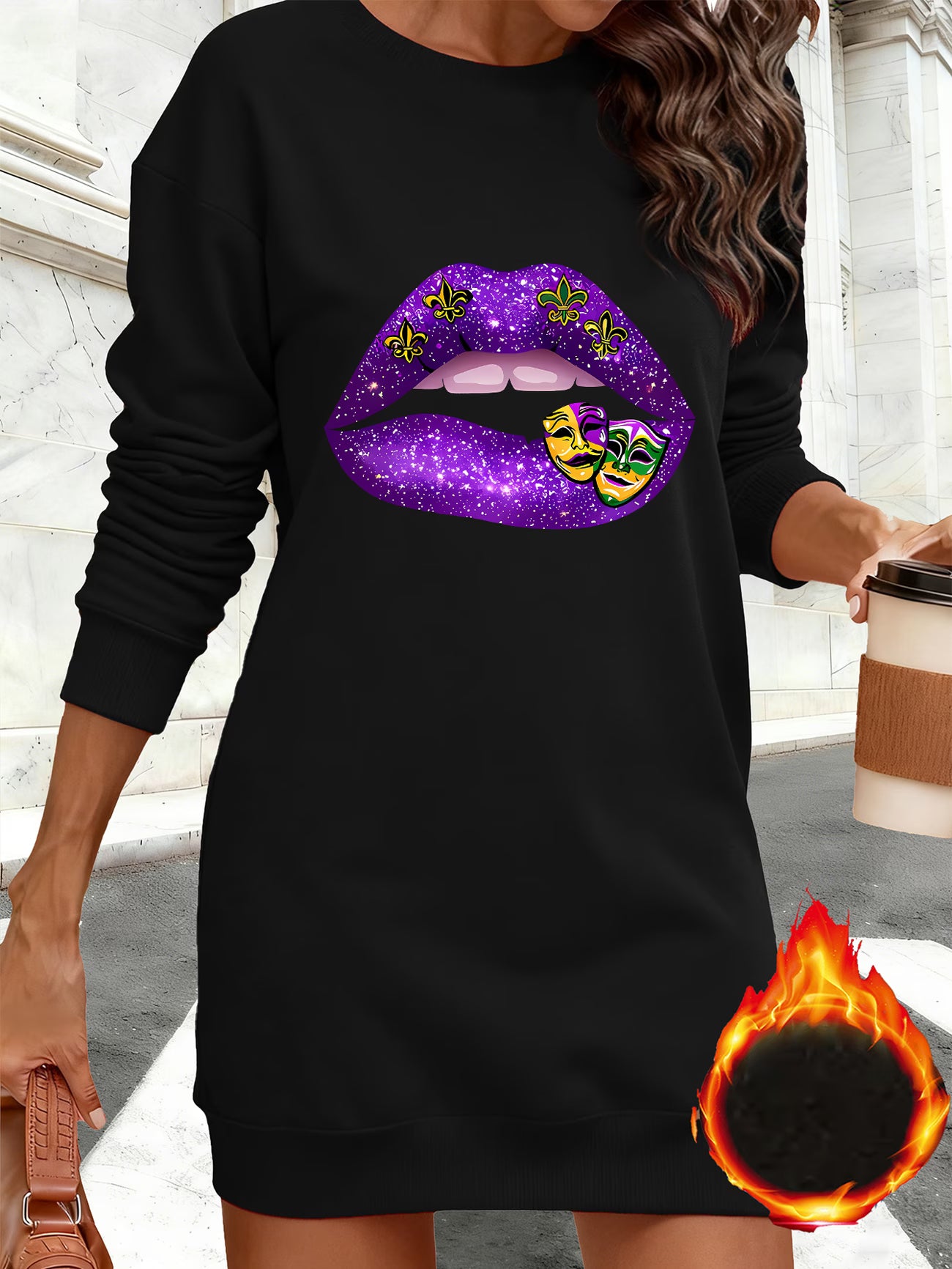 Women'S Sweatshirt Dress with Glitter Purple Lip Print