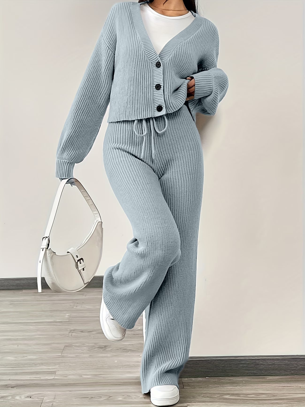 Solid-Color Cardigan and Pants Casual Two- Piece Set, Stylish