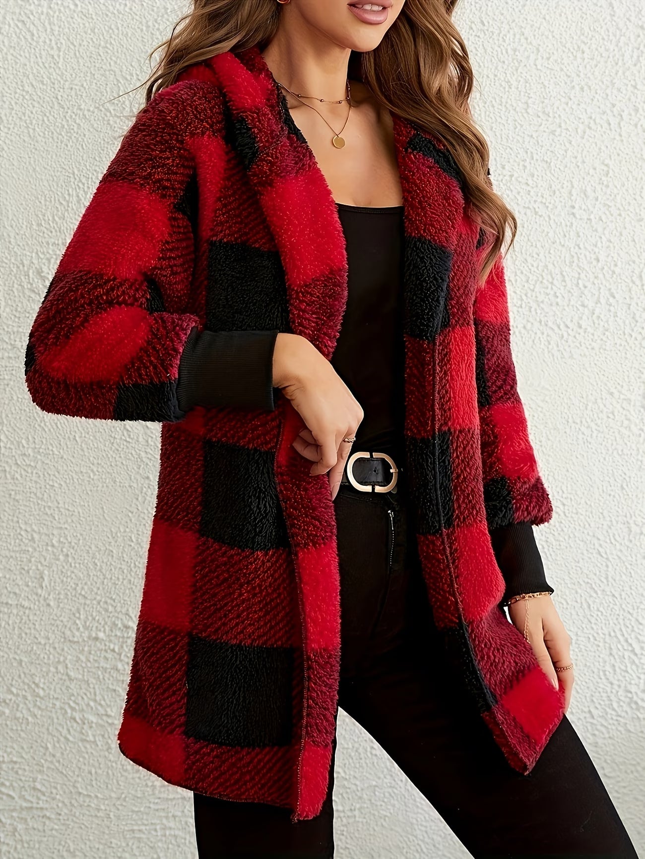Fashionable Long Plaid Hooded Jacket