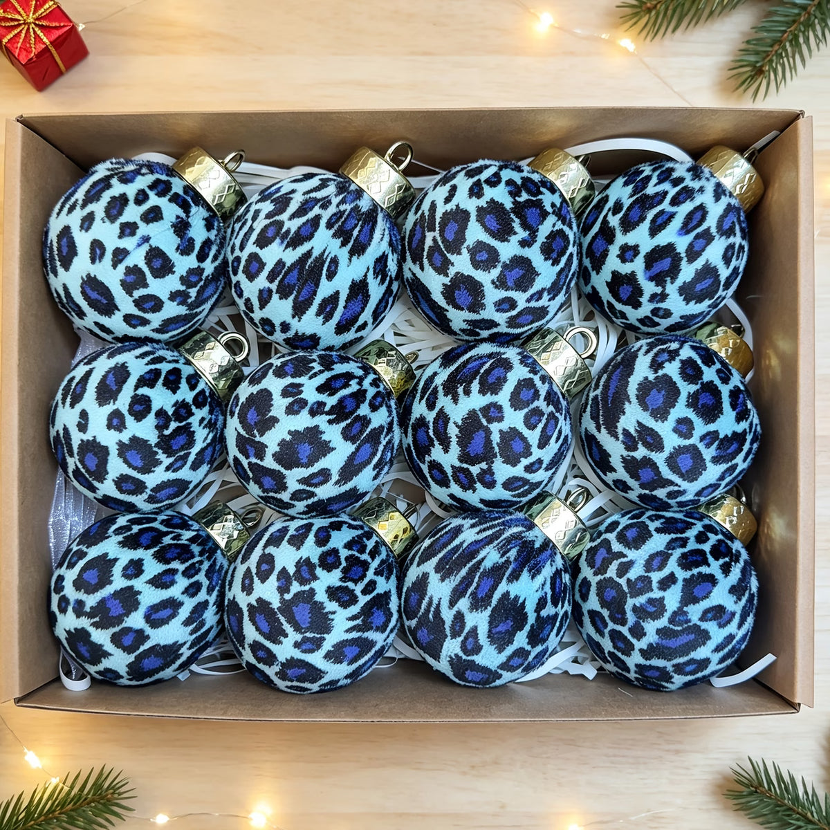 Leopard Print Christmas Ornament Balls - 6cm, Box of 12 Hanging Decorations