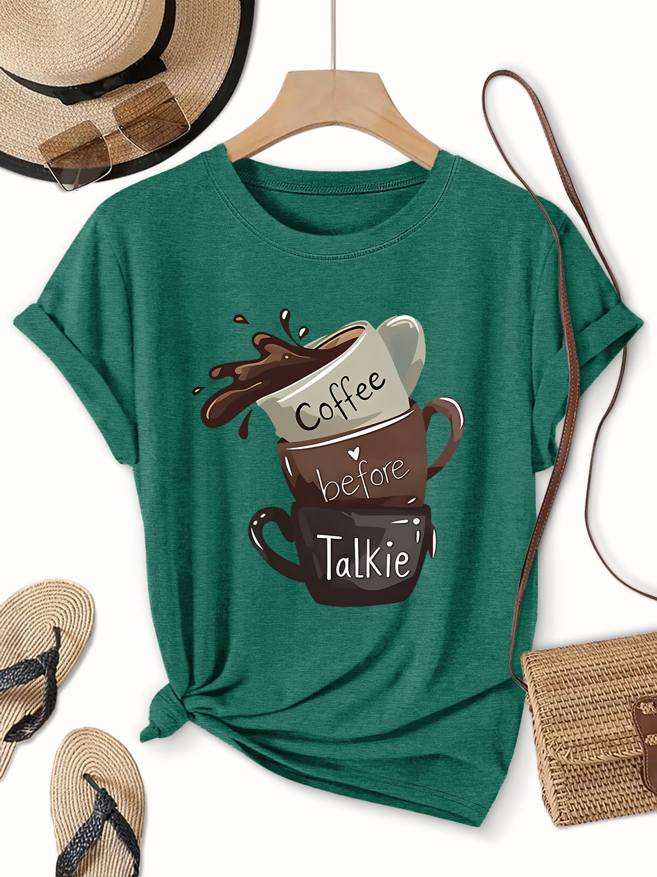 "Coffee Before Talkie" Slogan Tee – Plus Size Round Neck Top
