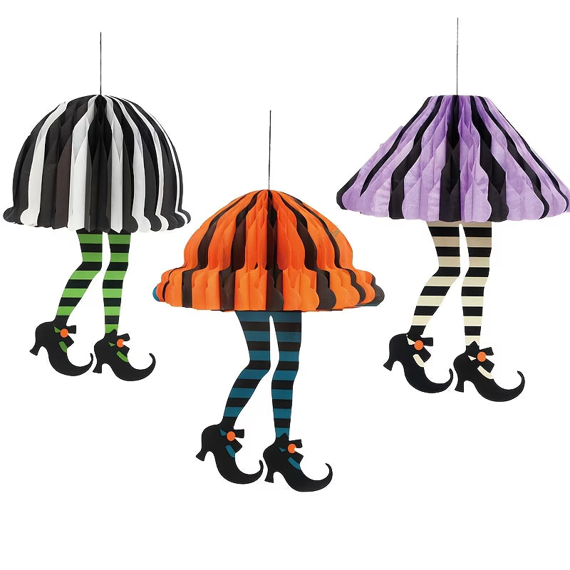 2D Flat Wooden Long Leg Witch Hanging Ornaments – Beehive Skirt (Set of 3)