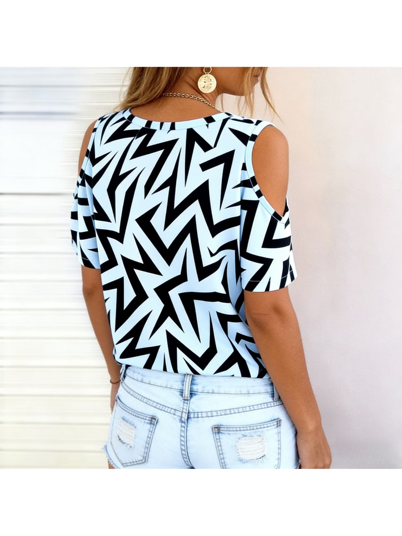 Canyon Zigzag Off-Shoulder Top – Contrast Western Loose Short Sleeve T-Shirt