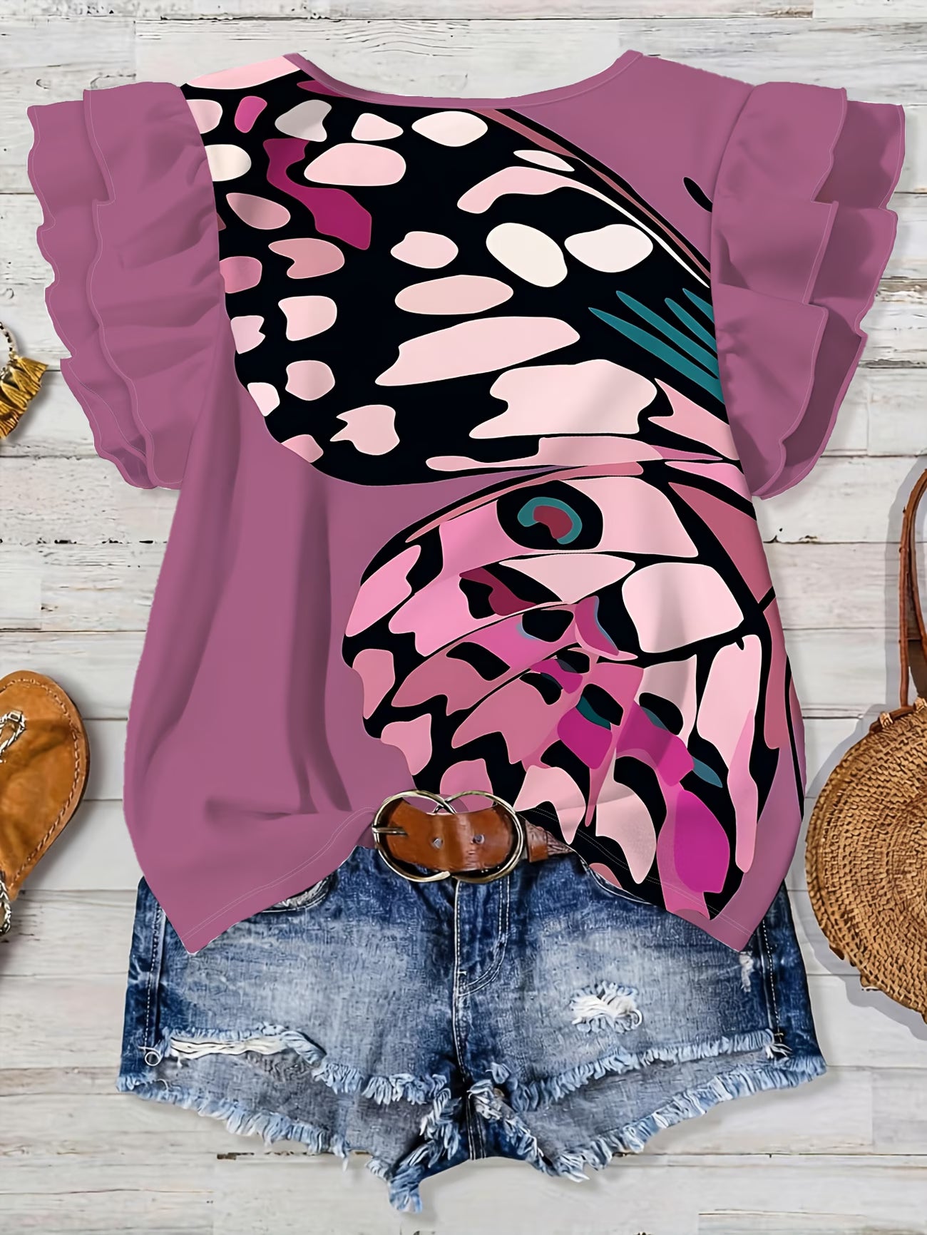 Lavender Abstract Leopard Print And Butterfly Design with Ruffled Short Sleeves