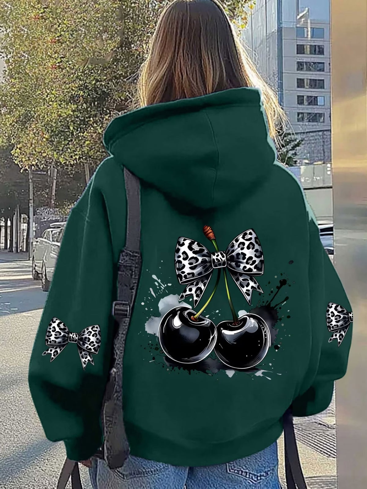 Ladies Leopard Bow & Cherry Zip-Up Hoodie