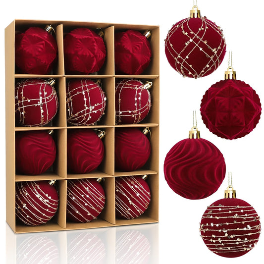 Velvet Christmas Ornament Balls - 6cm, 12pcs (Burgundy, Brown, Blue, Green)