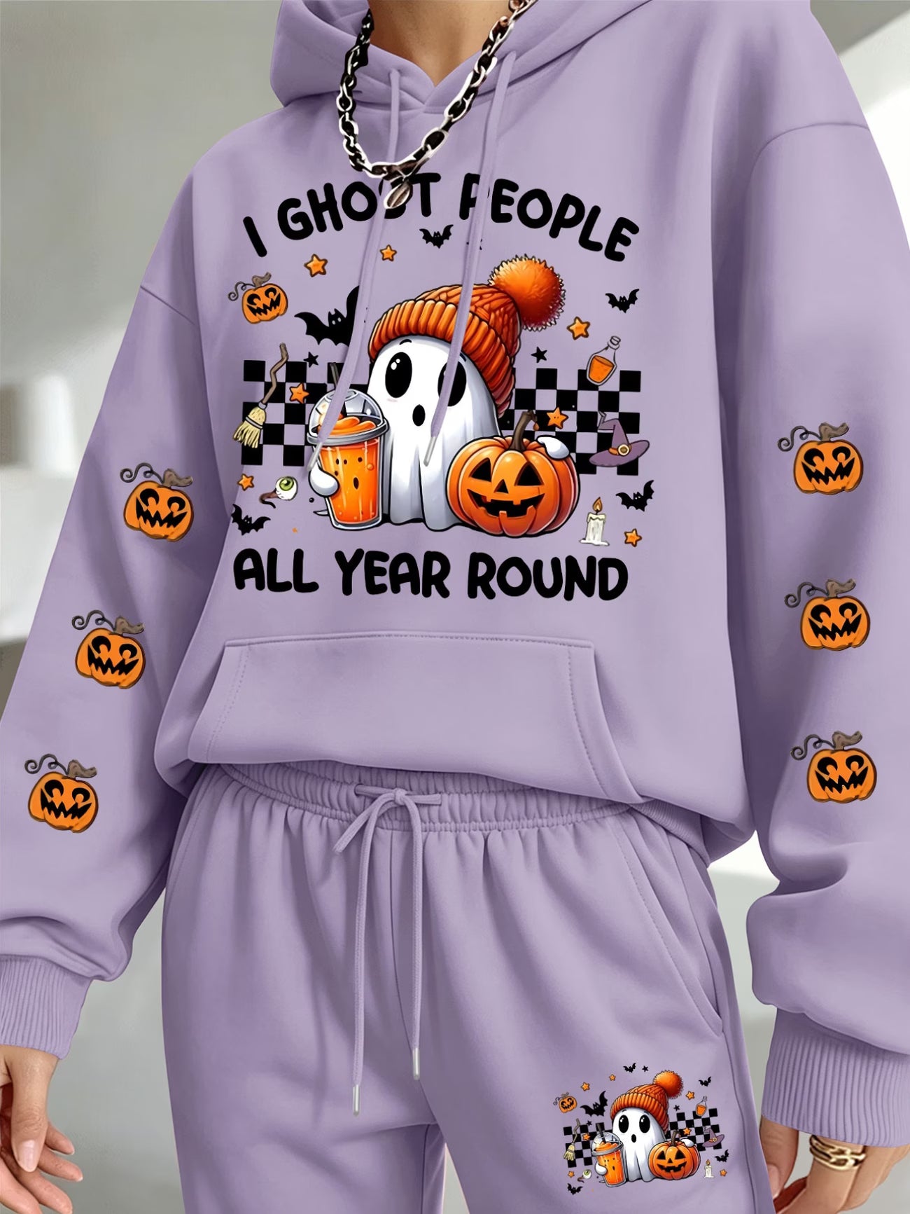 Women's Halloween Ghost & Jack-O'-Lantern Print Hoodie & Jogger Set