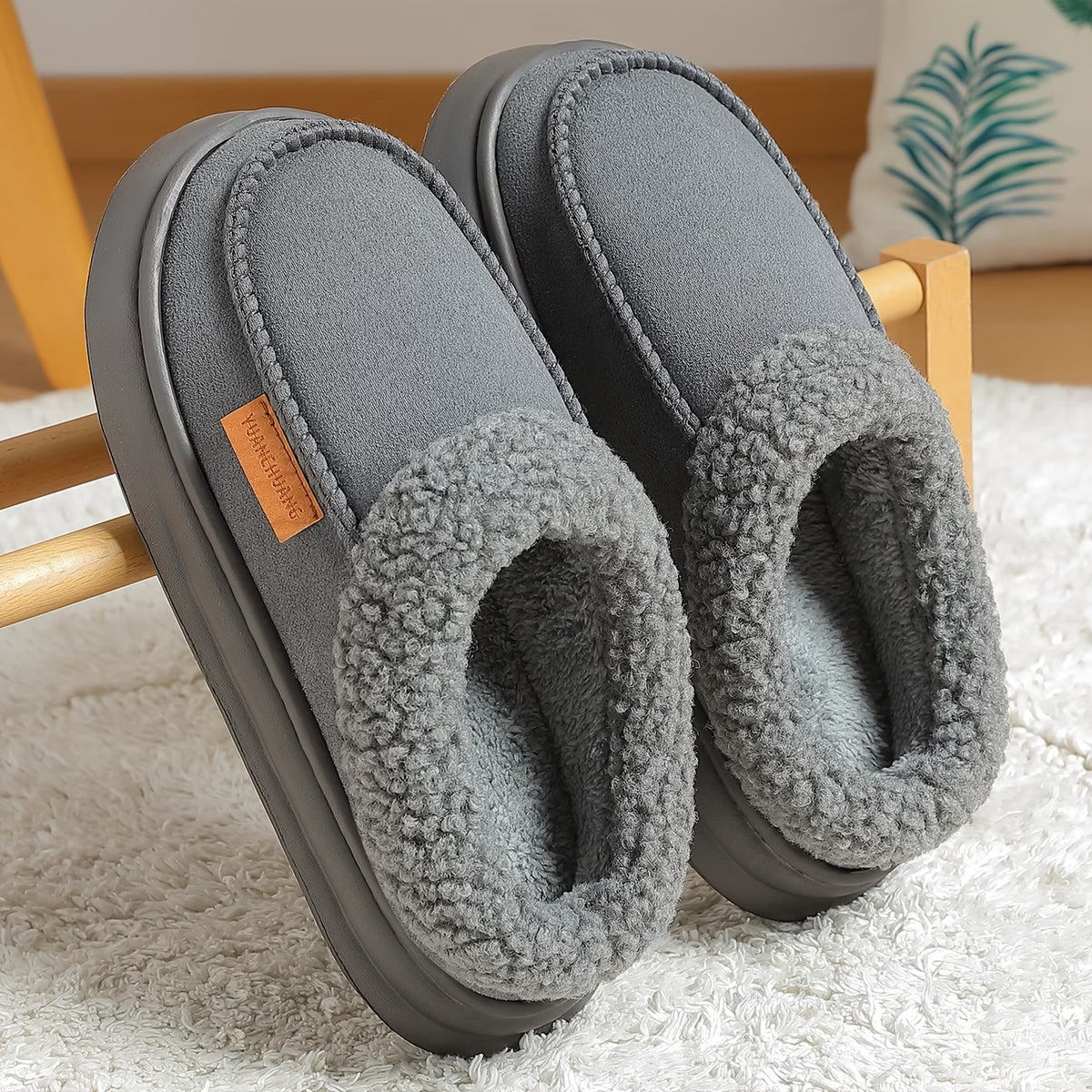 Men's Soft Plush Home Slippers – Minimalist Letter Design, Large Sizes