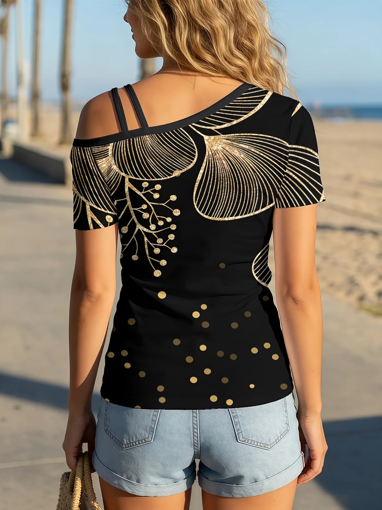 Golden Ginkgo Branch Women'S One-Shoulder Short-Sleeve T-Shirt with Unique Asymmetrical Design