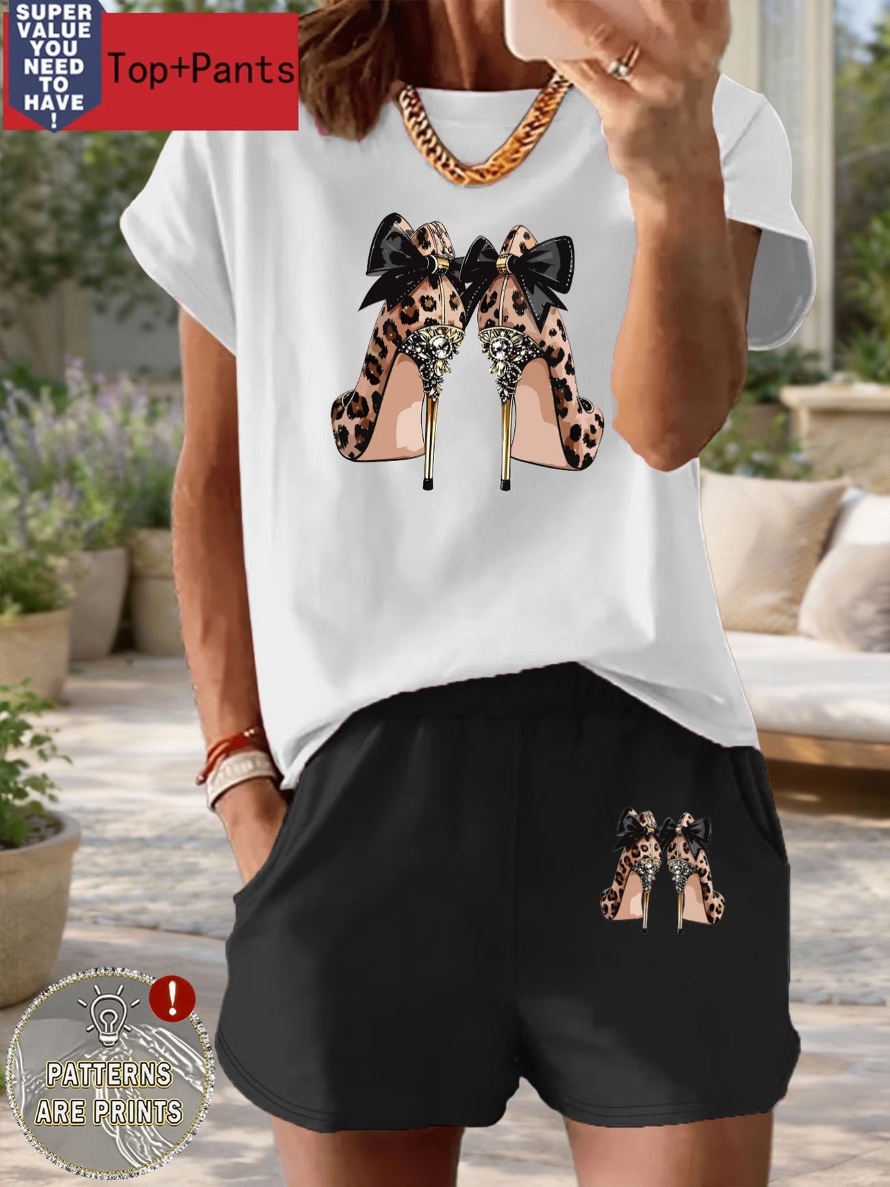 Leopard & High Heels Print Two-Piece Set – Bow & Letter Pattern Tee & High-Waist Shorts