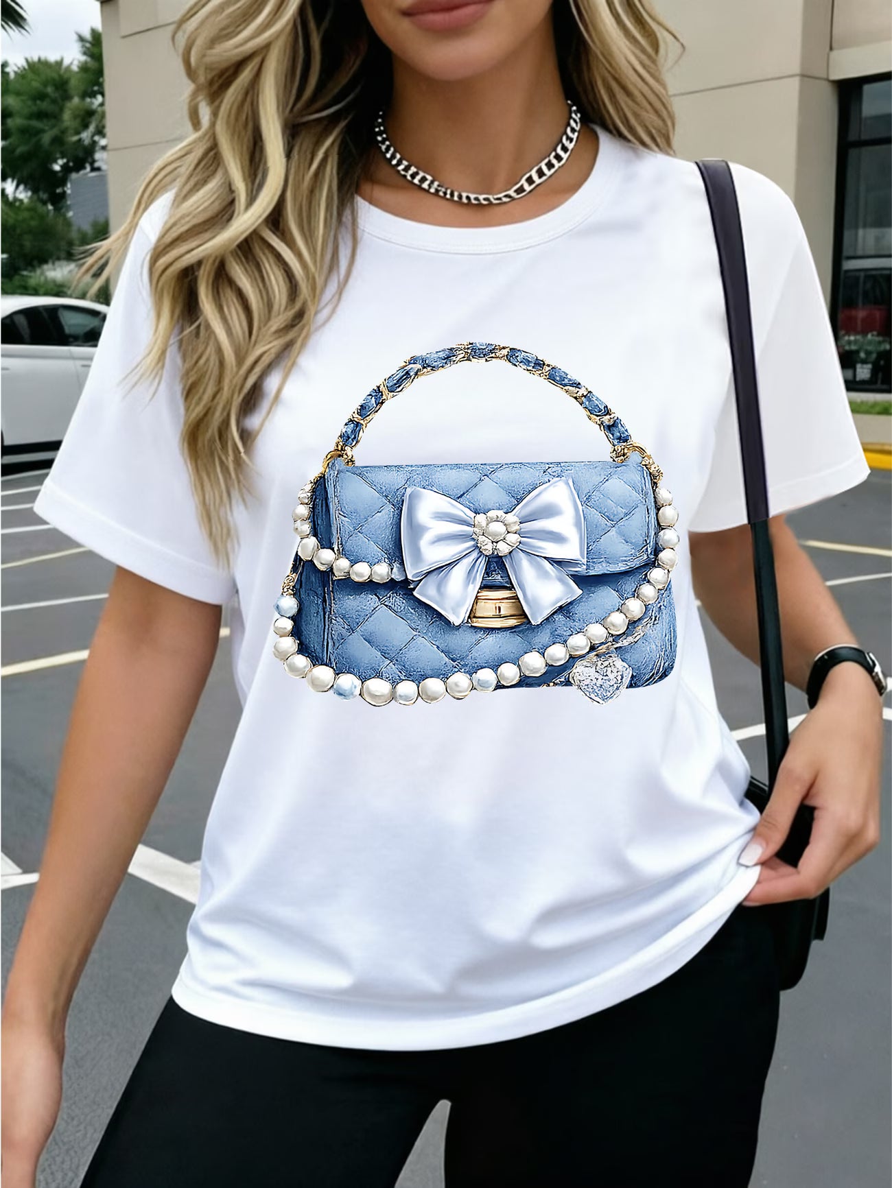 Denim Fabric Soft Denim Pearl Bow Heart T-Shirt