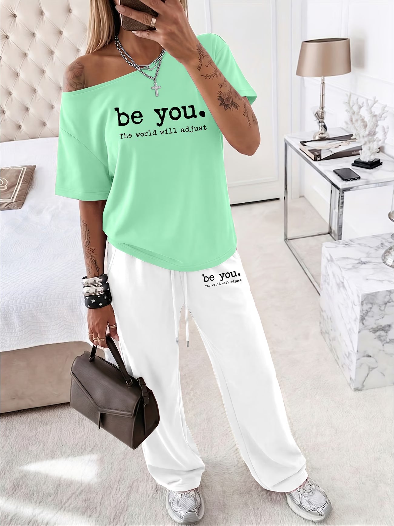 "Be You, The World Will Adjust" Slogan Off-Shoulder Top & Wide Leg Trousers 2-Piece Set