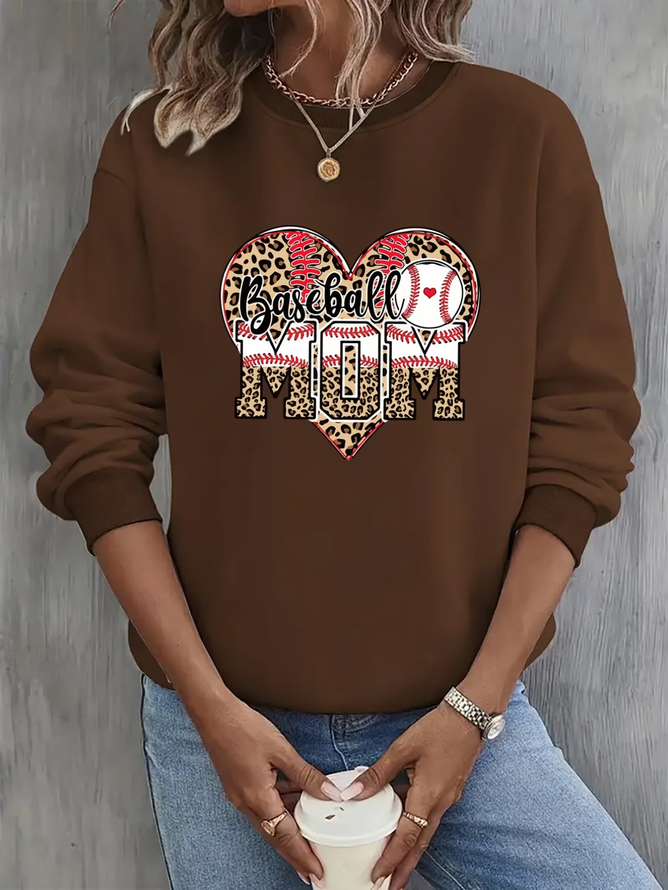 Baseball Letter Pattern Printed Fashion Round Neck Sweater
