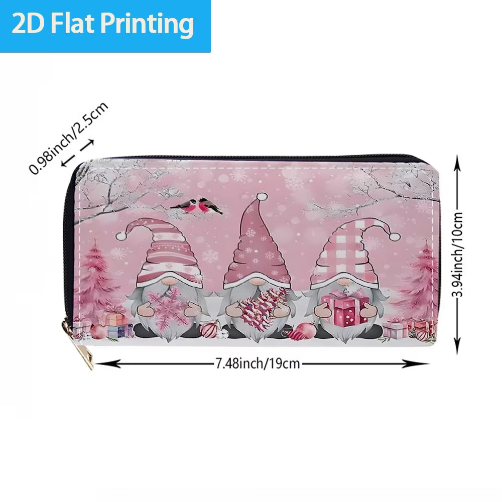 Pink Christmas Gnome Long Zip Wallet with Card Slots