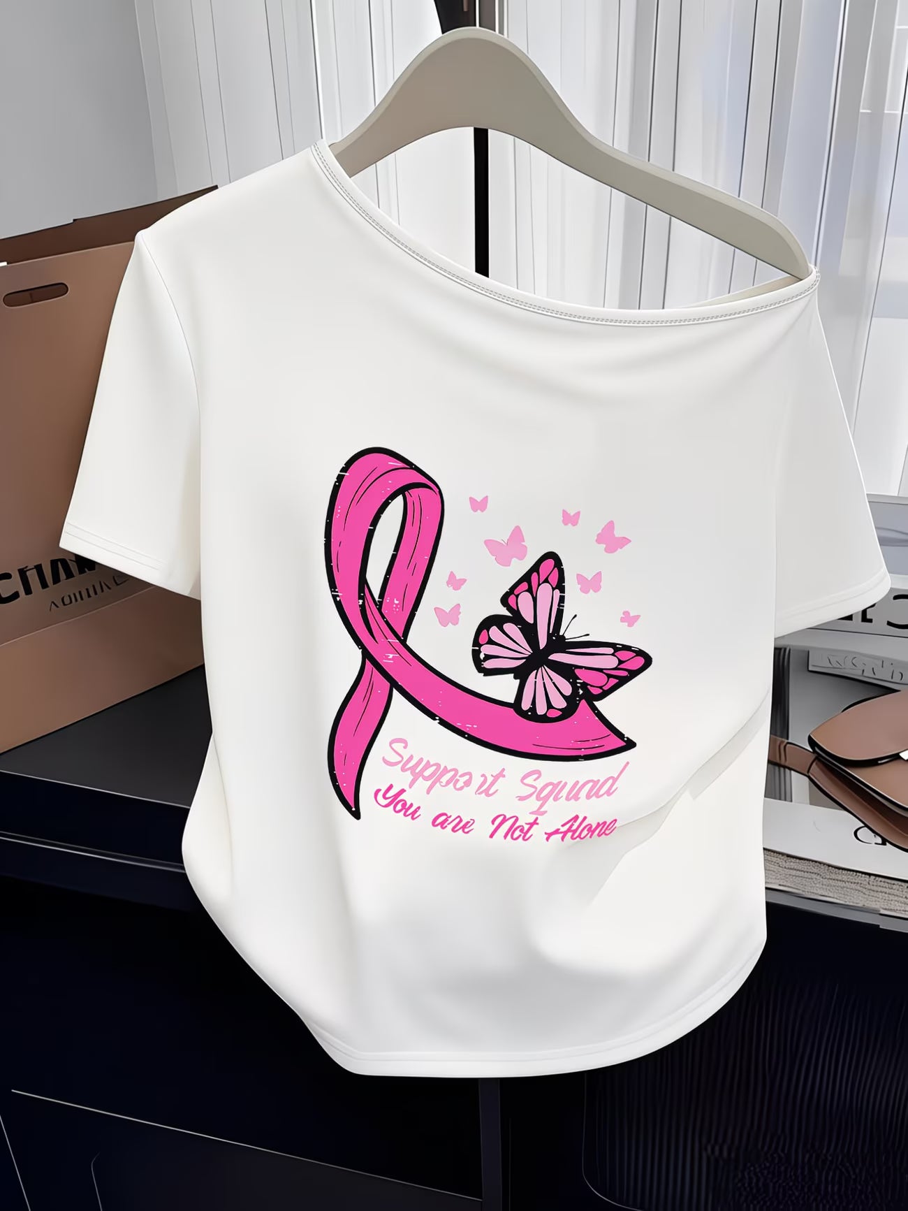Women's Y2K Off-Shoulder Tee – Pink Ribbon & Butterfly Print