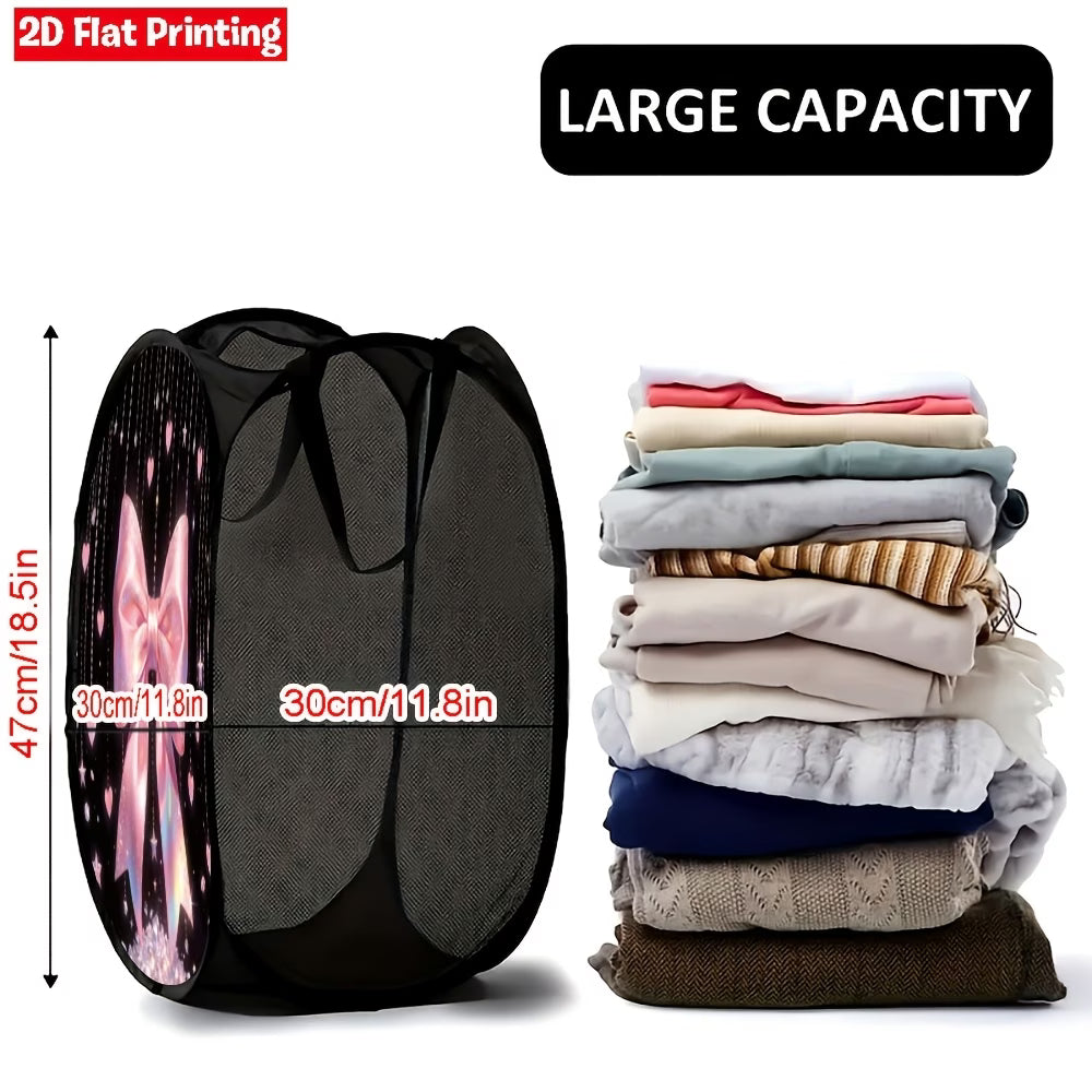 Pink Sparkle Bow Pop-Up Laundry Hamper – Collapsible Shiny Mesh Storage Basket