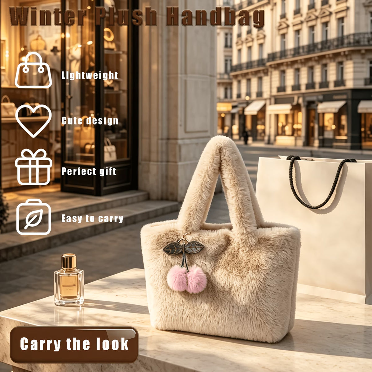 Women's Plush Tote Shoulder Bag with Cherry Pendant
