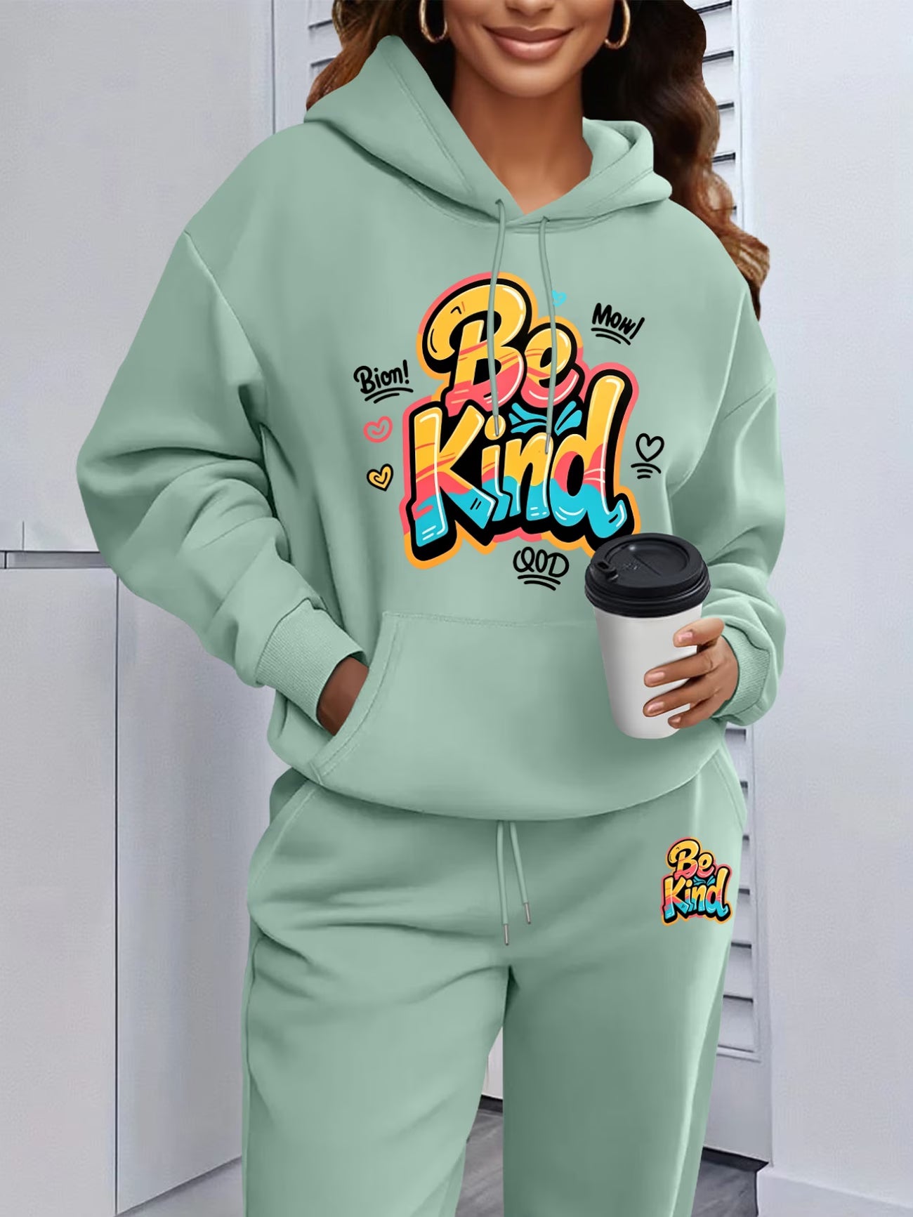 Be Kind Colourful Graffiti Print Hooded Sweatshirt & Sweatpants Set