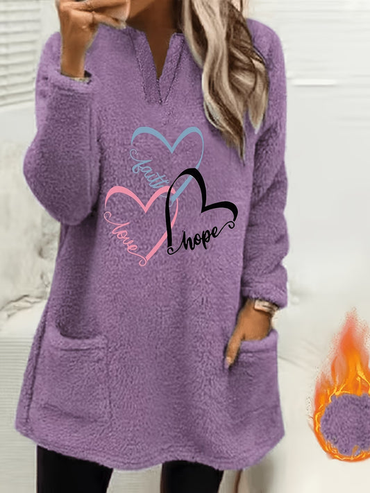 Heart Print Plush Pullover Sweatshirt – V-Neck Soft Fleece Top
