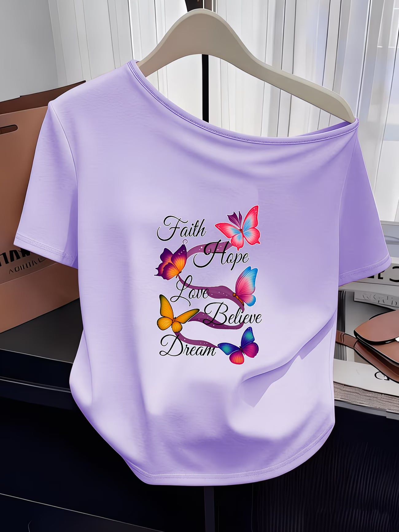 Butterfly Print Off-Shoulder T-Shirt