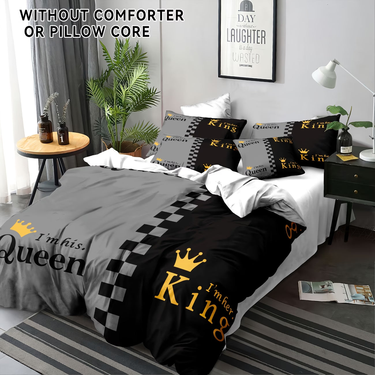 Valentine's Day Crown Print Duvet Cover Set – 3pcs, Black & Grey Design (Insert Not Included)