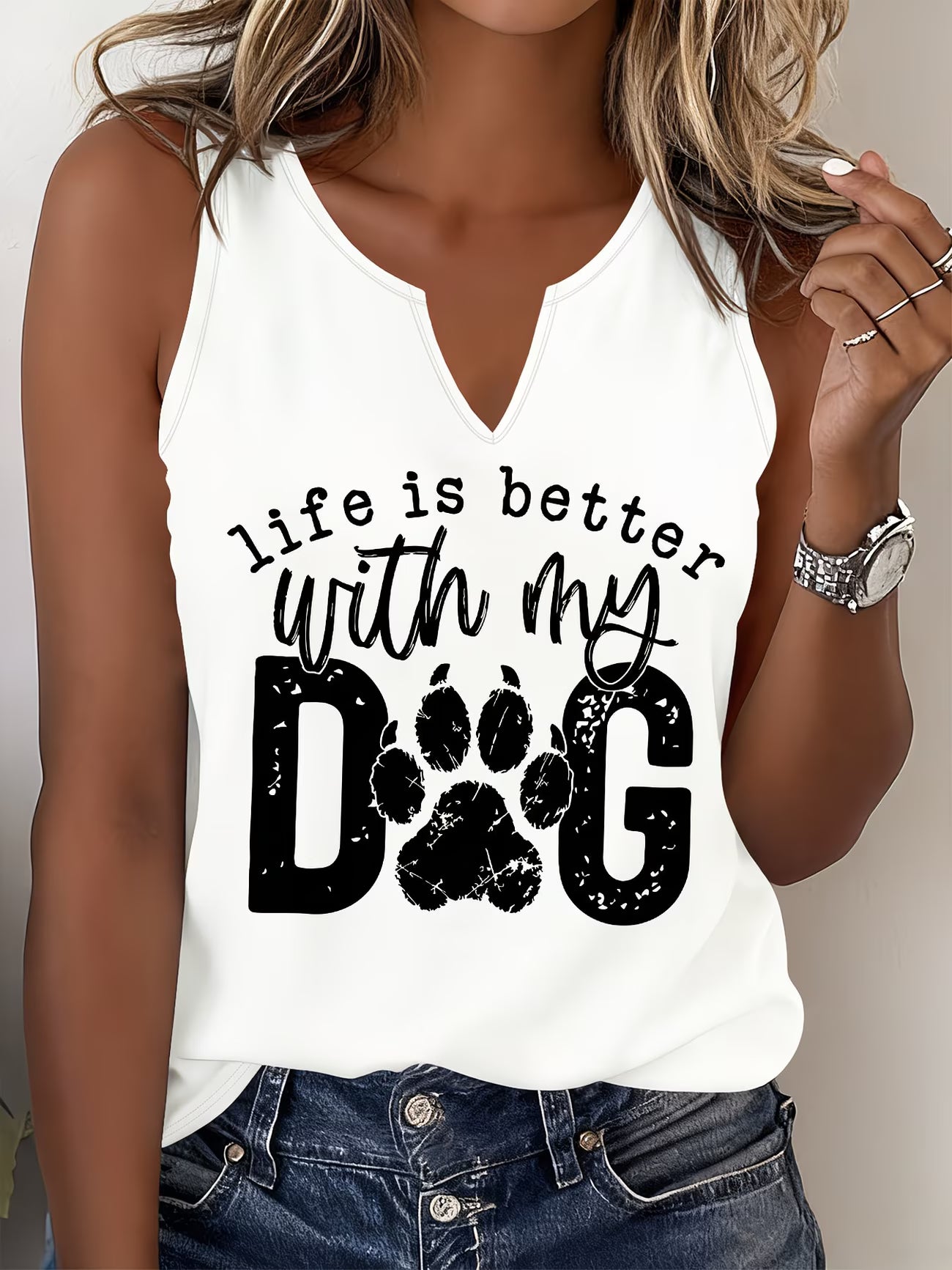 Dog Print V-Neck Sleeveless Vest Top