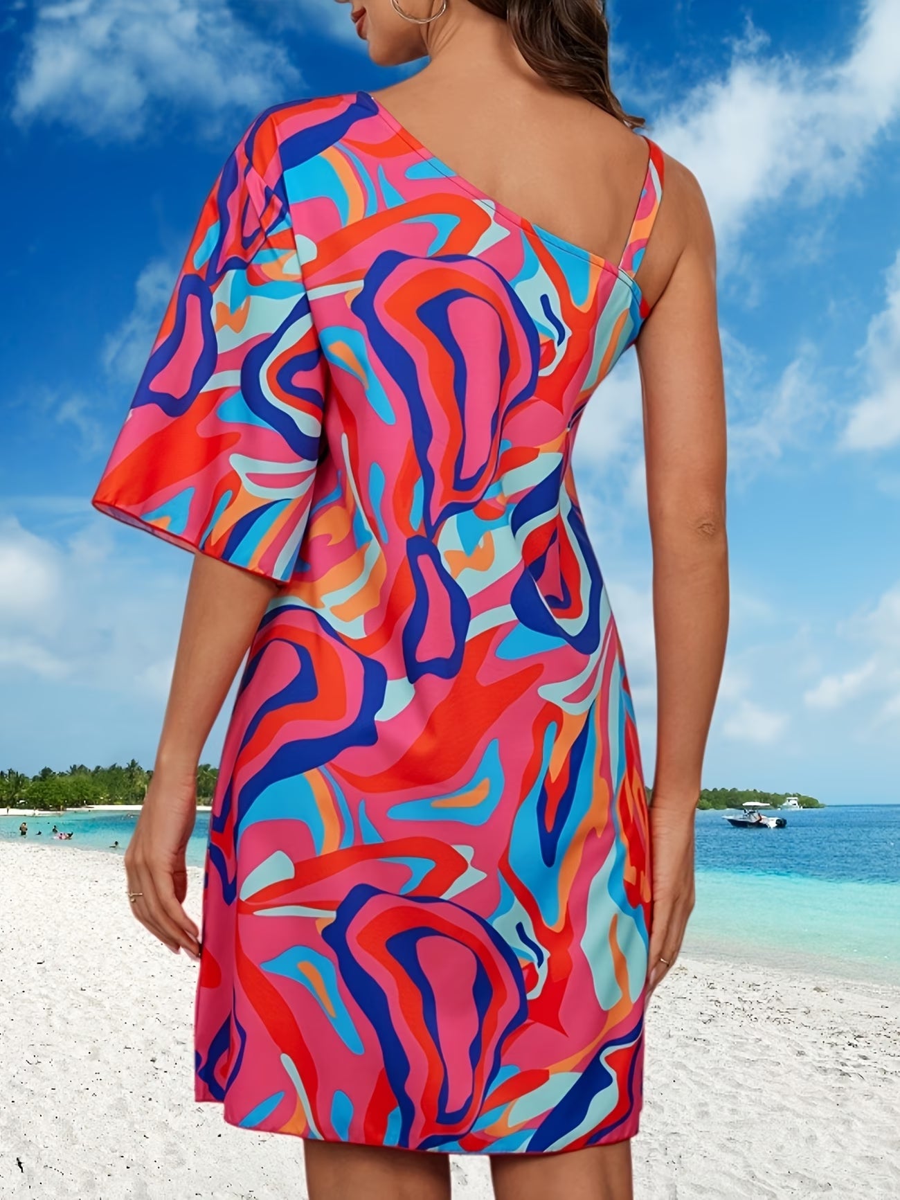 Colorful Pleated One-Shoulder Dress with Metal Buckle