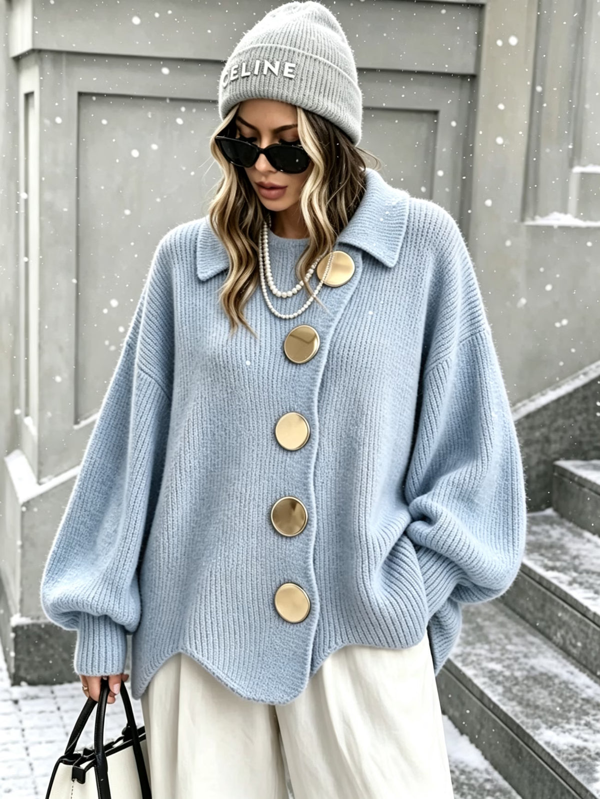 Women's Button-Up Cardigan – Lantern Sleeves, Asymmetric Lapel & Irregular Hem