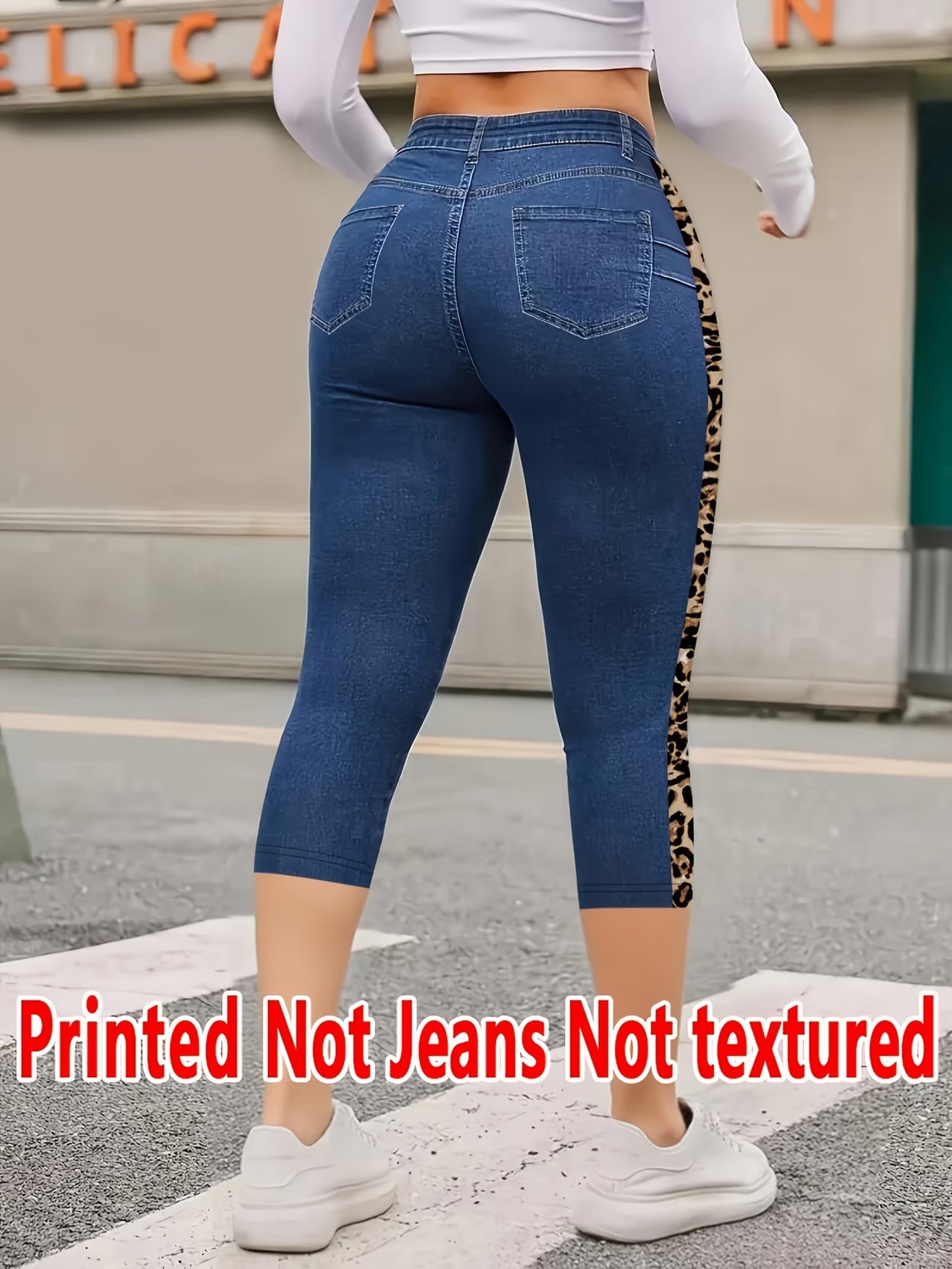 Leopard Print Three-Quarter Leggings – Faux Denim Look