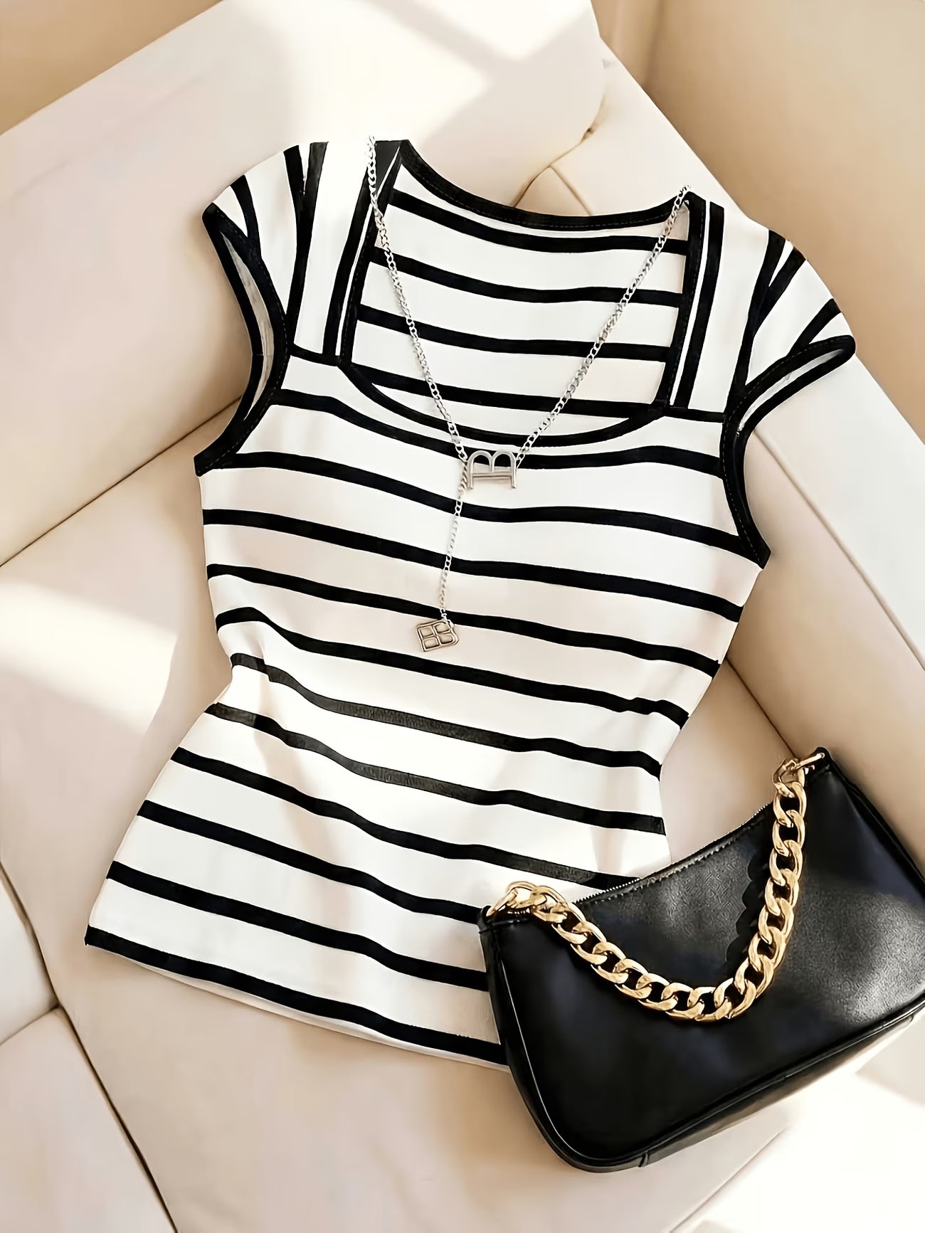 Striped Square Neck T-Shirt | Slim Fit | Short Sleeve