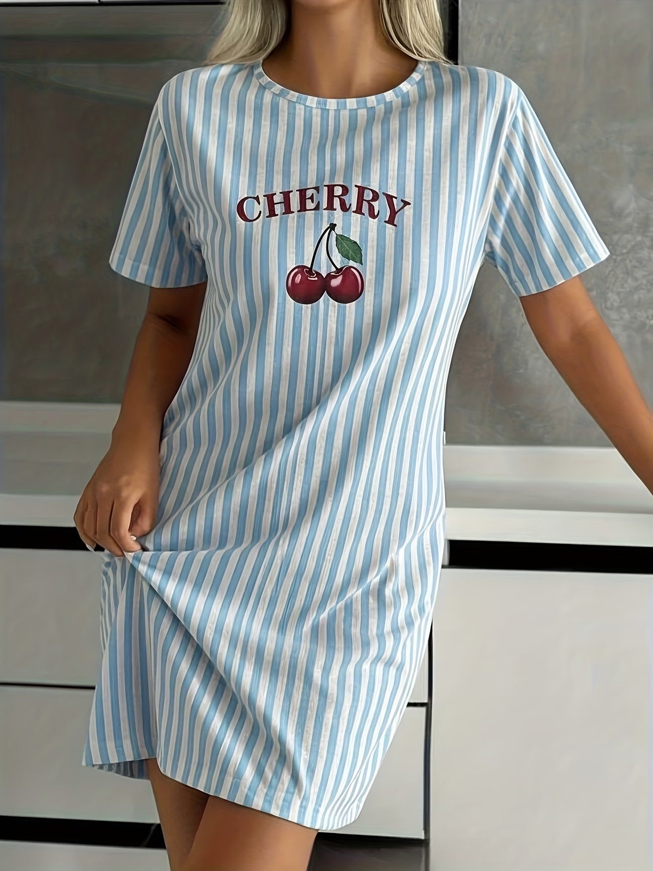 Striped Round Neck Letter & Cherry Print Short Sleeve Nightgown