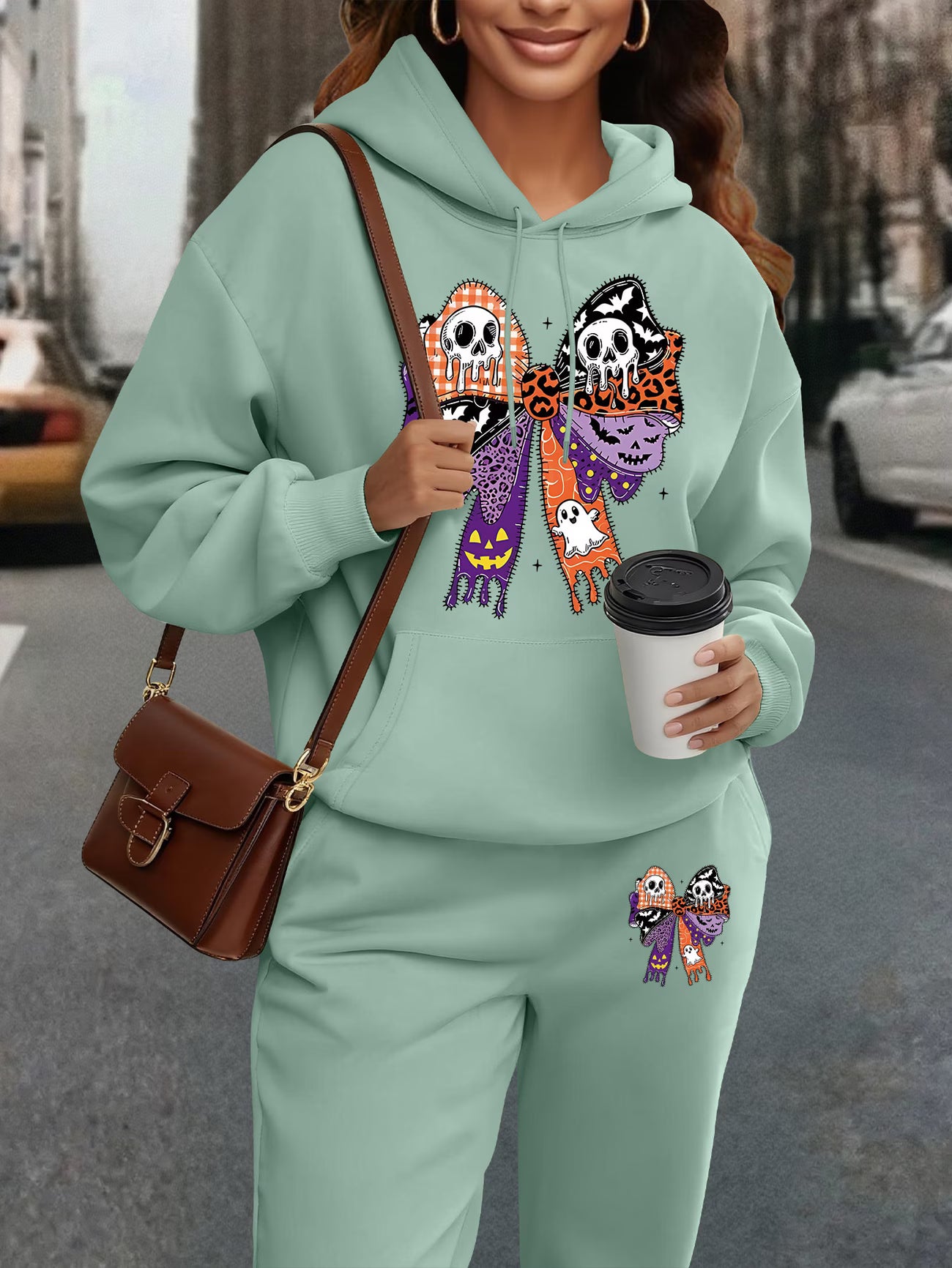 Plus Size Halloween Oversized Hoodie & Sweatpants Set — Creative Bow Print
