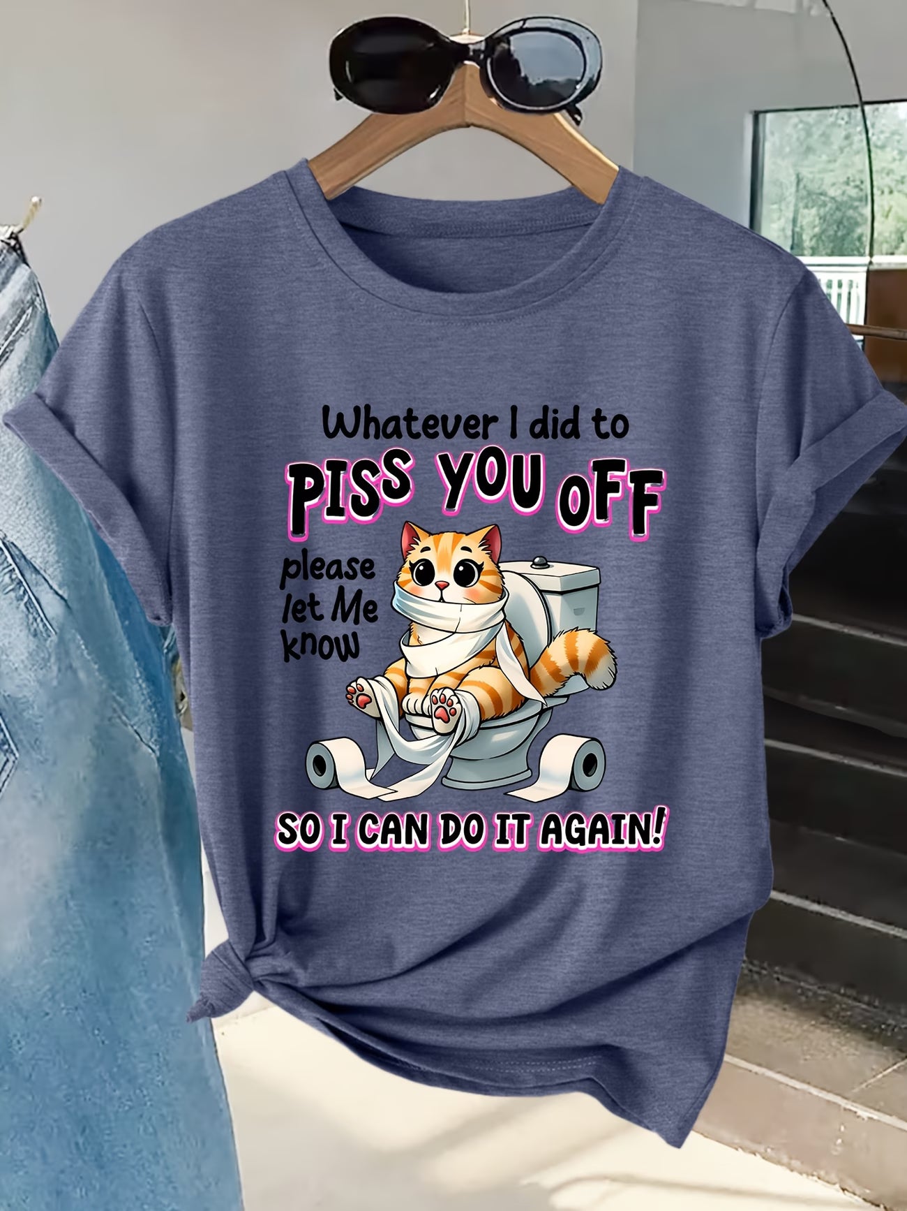Women's Funny Toilet Cat Graphic Tee | Quirky Short-Sleeve T-Shirt