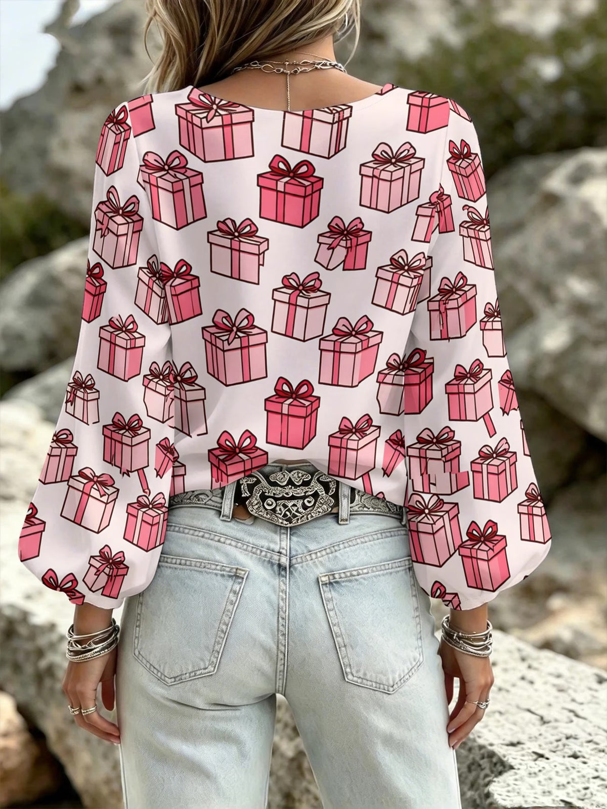 Women's Pink Gift Box Print V-Neck Lantern-Sleeve Dress