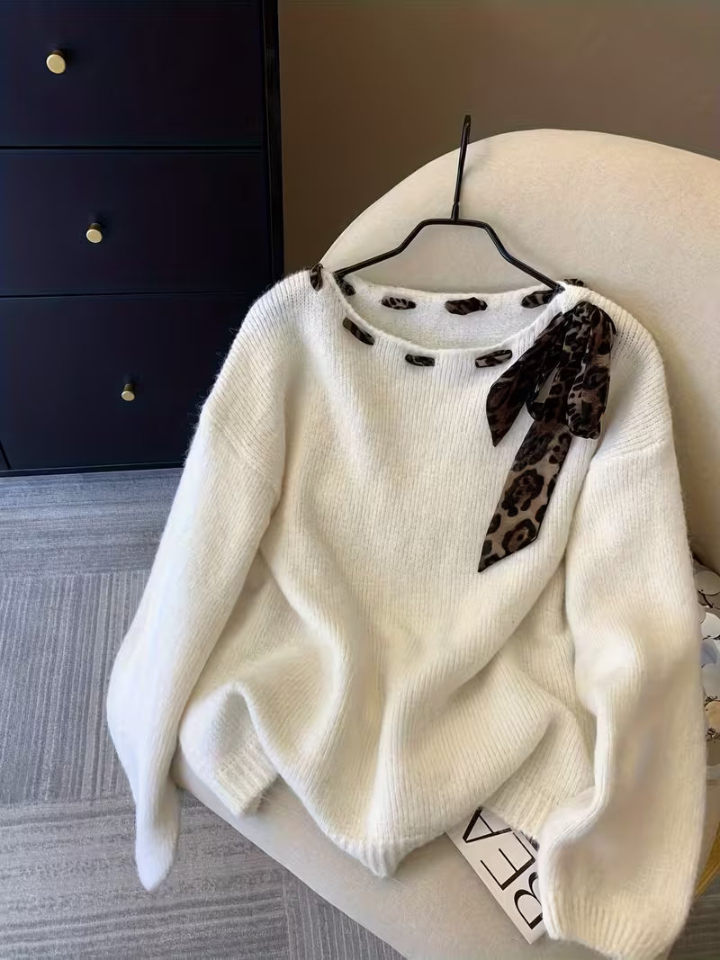 Oversized Sweater with Leopard Print Collar & Bow Tie