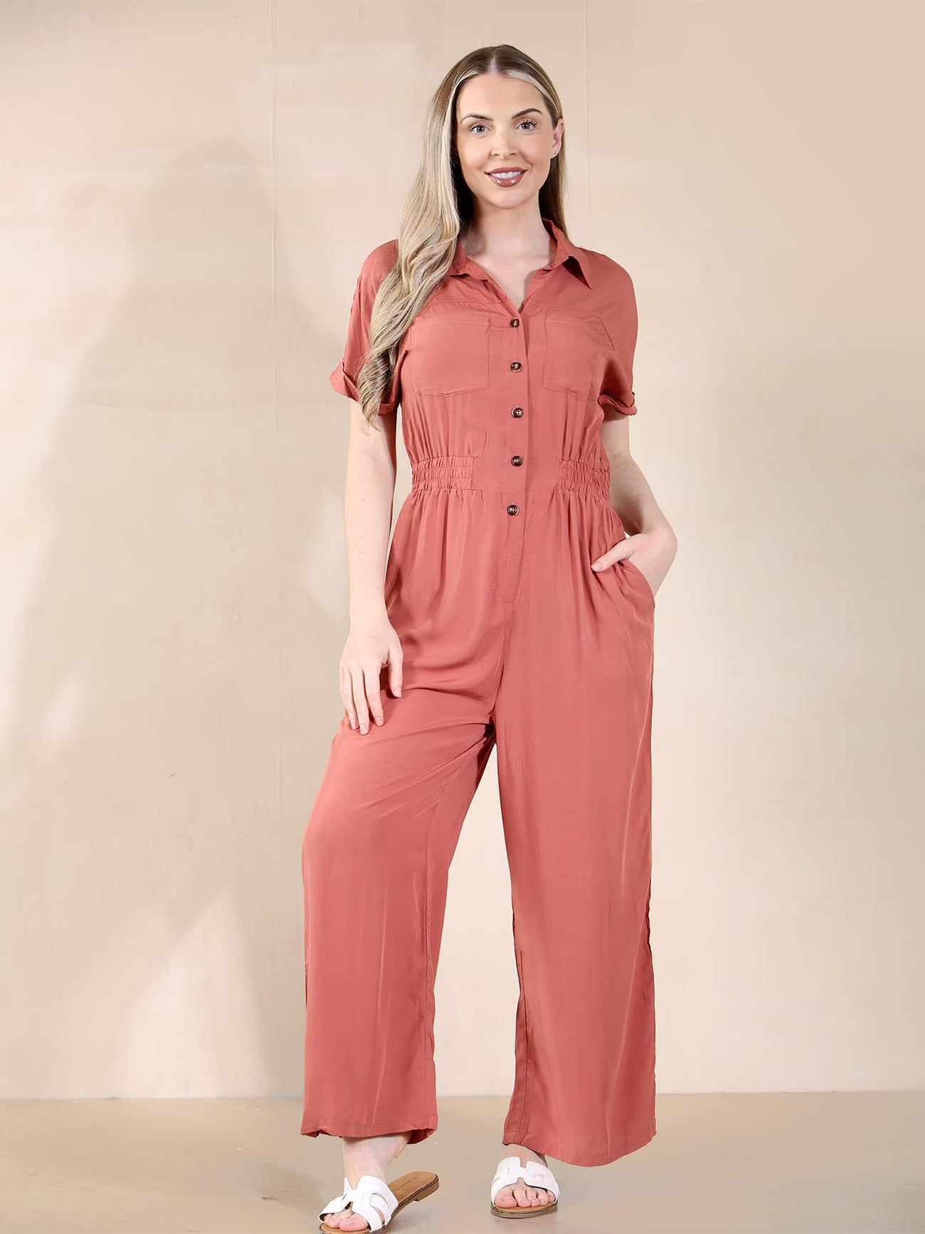 Button Ruched Thin Waist Pocket Short Sleeve Jumpsuit,