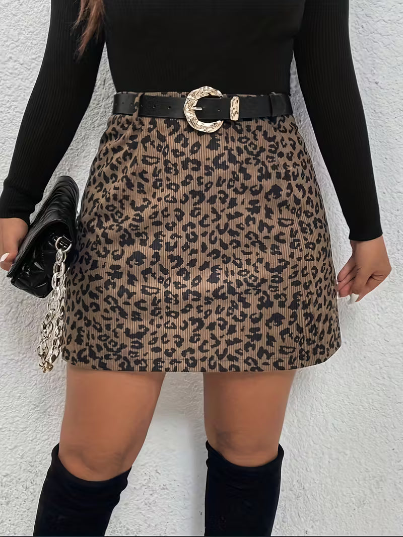 Leopard Print Corduroy Mini Skirt for Women