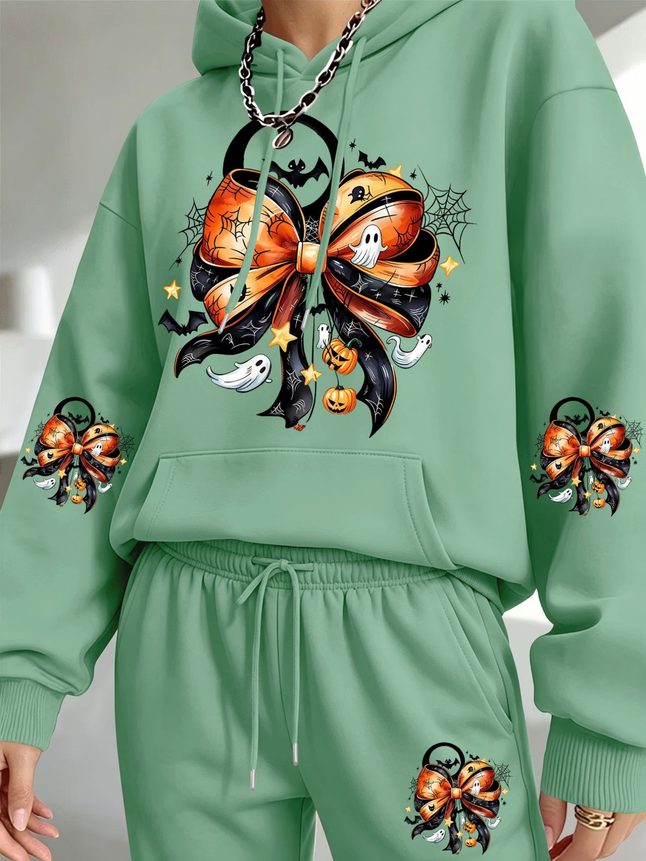 Halloween Pumpkin & Bow Print Hooded Sweatshirt & Sweatpants Set