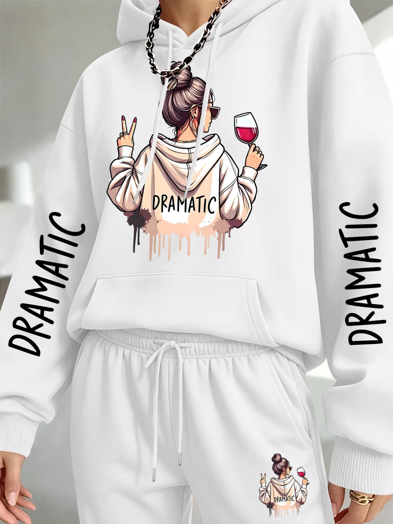 Dramatic Woman Red Wine Graphic Hooded Sweatshirt & Sweatpants Set