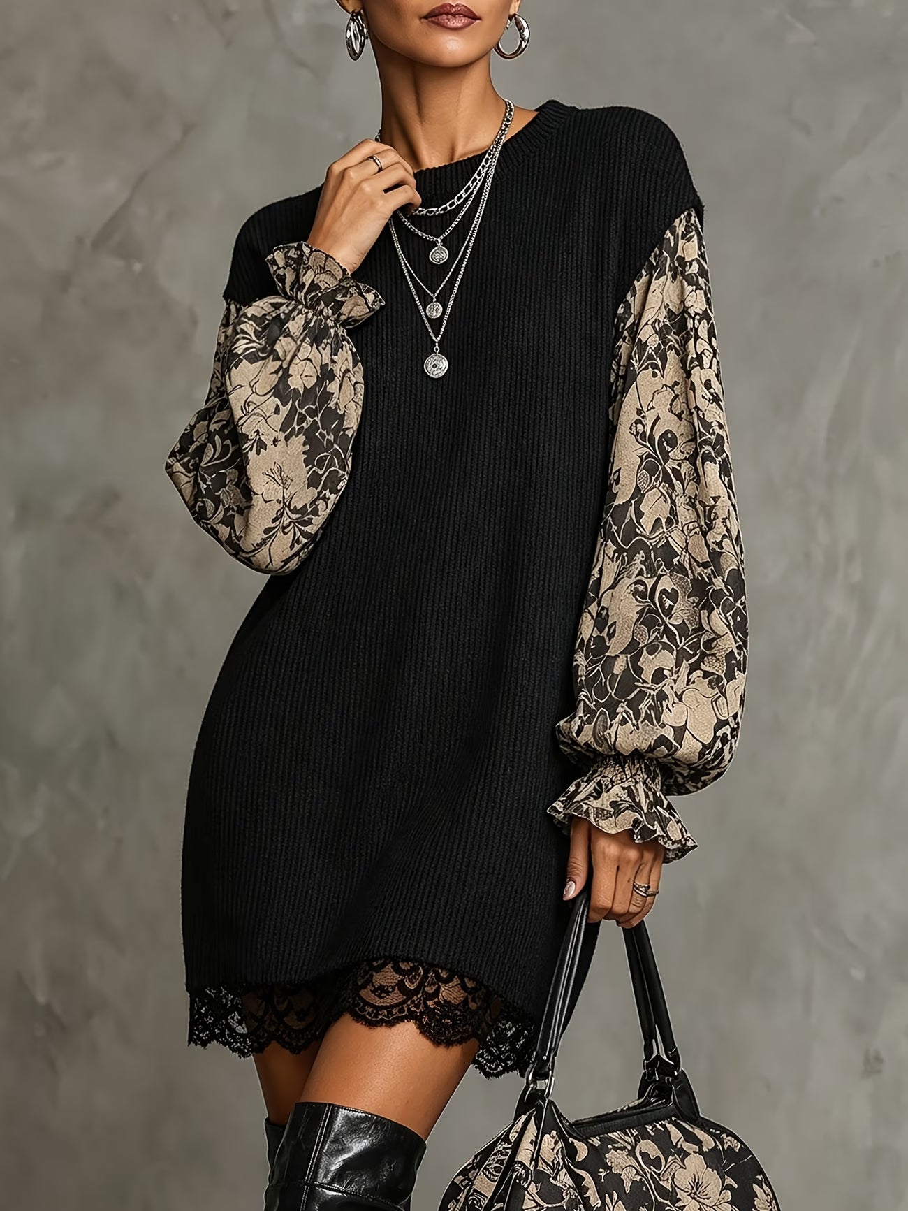Women's Autumn Winter Western Retro Dark Patchwork Floral Lantern Sleeve Dress