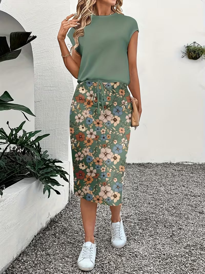 Green Floral Pattern Casual Skirt Set
