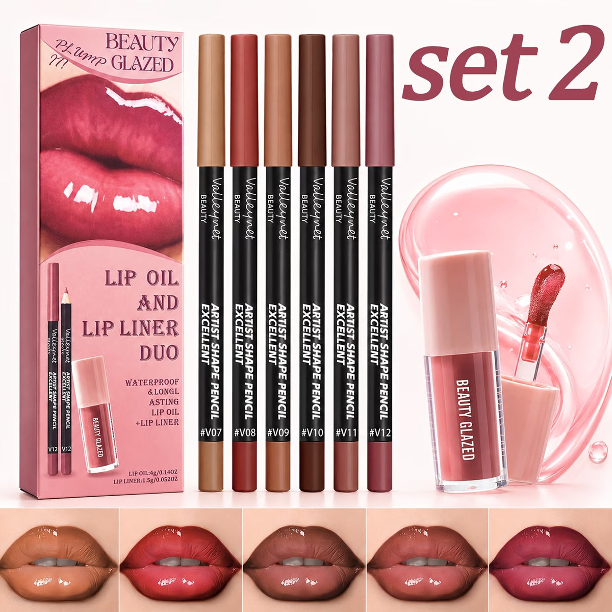 7pcs Lip Liner & Lip Oil Set | 6 Assorted Shades
