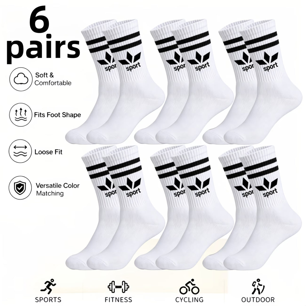 6 Pairs Black & White Maple Leaf Mid-Calf Socks