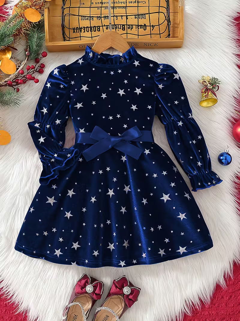 Velvet Star Print Ruffle Round Neck Long Sleeve Waist Dress with Belt,